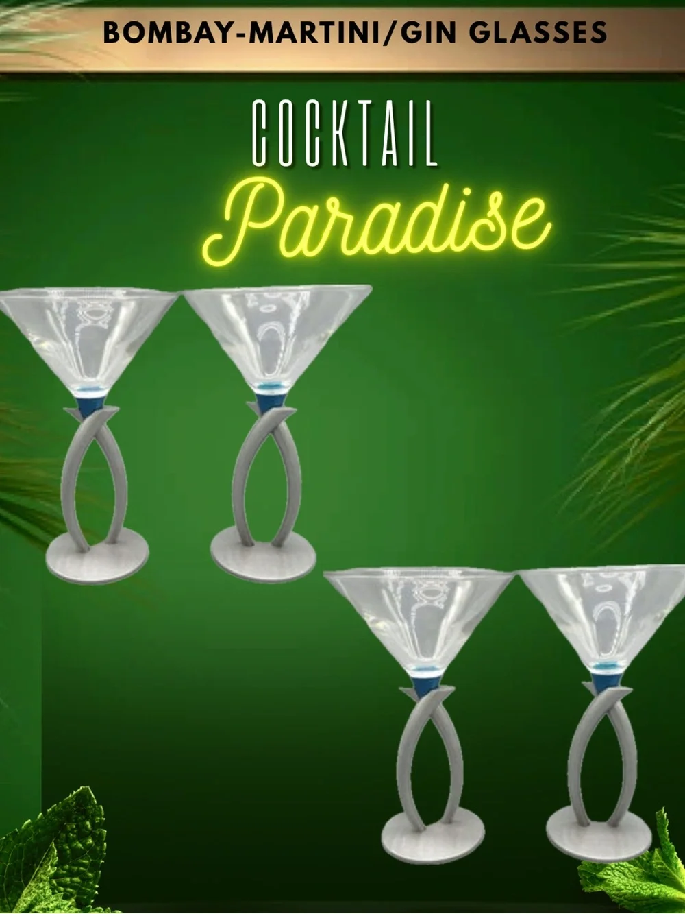 4 - Bombay Sapphire Martini/Gin Glasses With Brushed Aluminum Ribbon Stem.